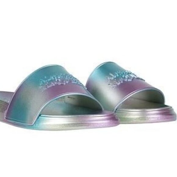 alexander-mcqueen-embossed-  Alexander McQueen Metallic Iridescent Slide Sandals Size: 8 NIB